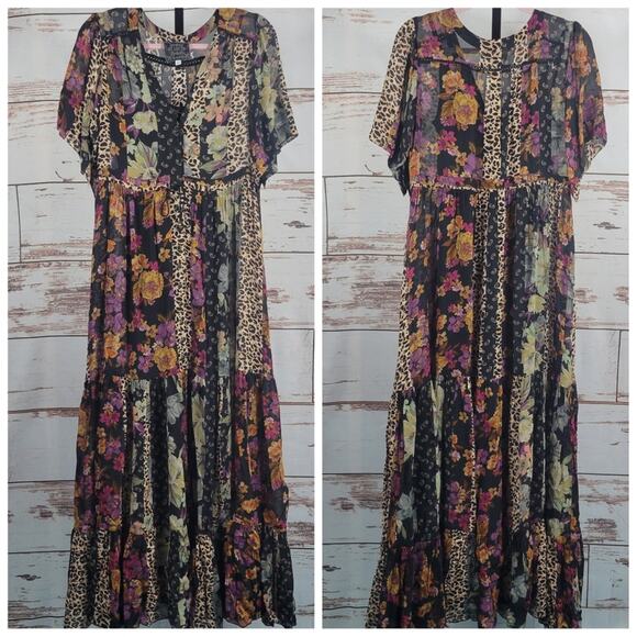 Johnny Was Isabis Tiered Maxi Dress Black Floral Animal Print Size Small - Picture 1 of 11